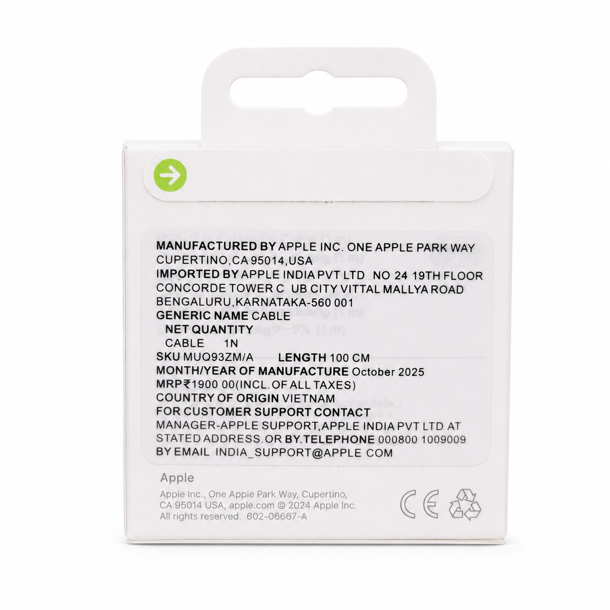 Apple USB-C to Lightning Cable packaging - back