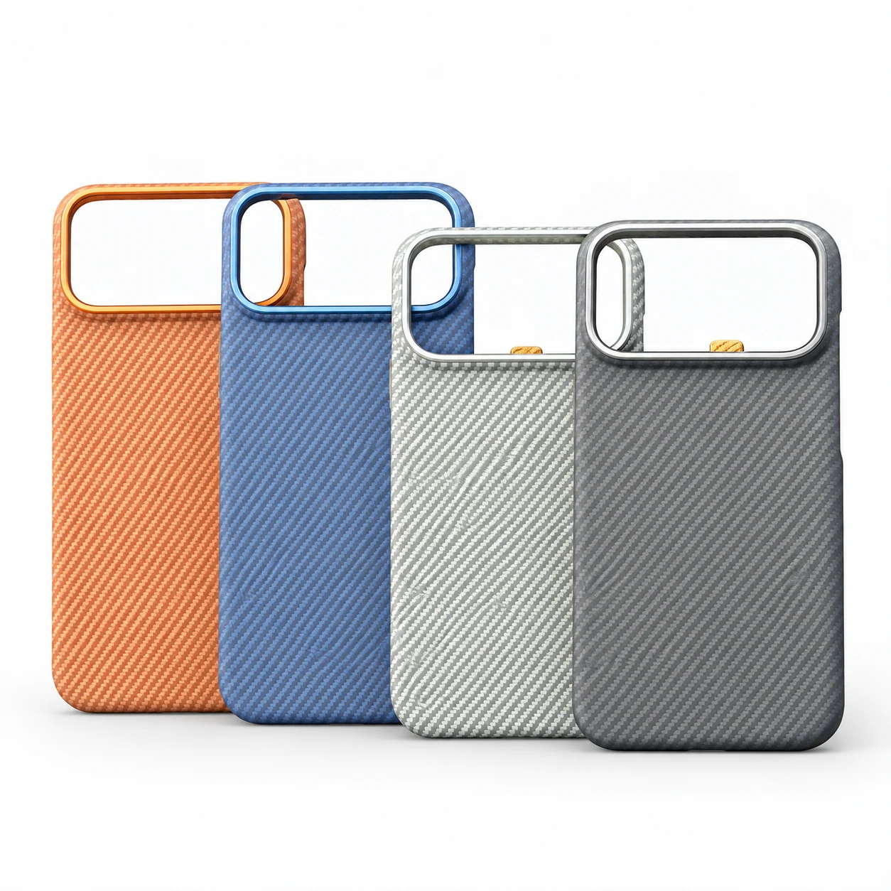 Carbon fibre iPhone cases in four colours - straight view