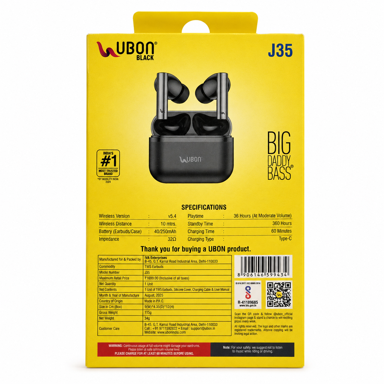 J35 TWS Wireless Earbuds packaging - back